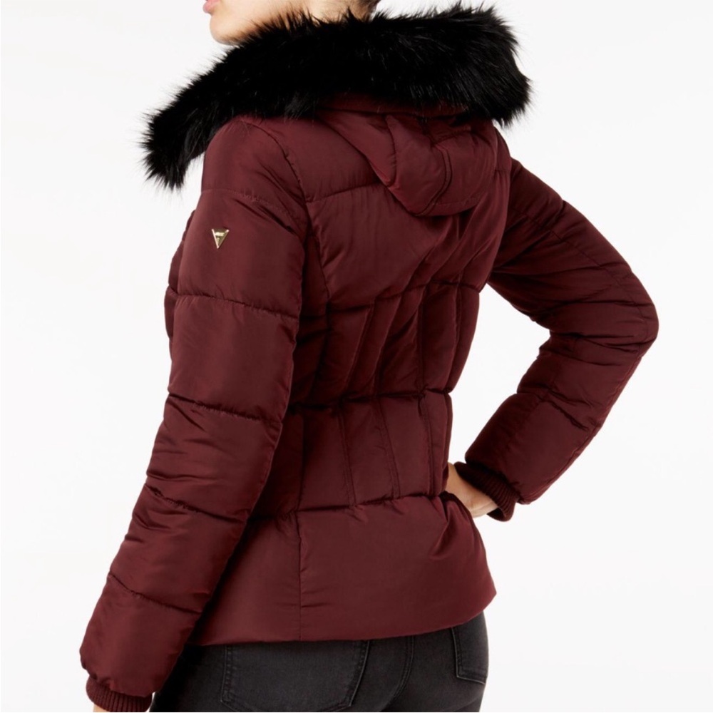 Guess Maroon Puffer Jacket with Black Faux Fur